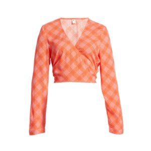 BP Surplice V-Neck Crop Top,  in Pink- Red Ian Bias Plaid